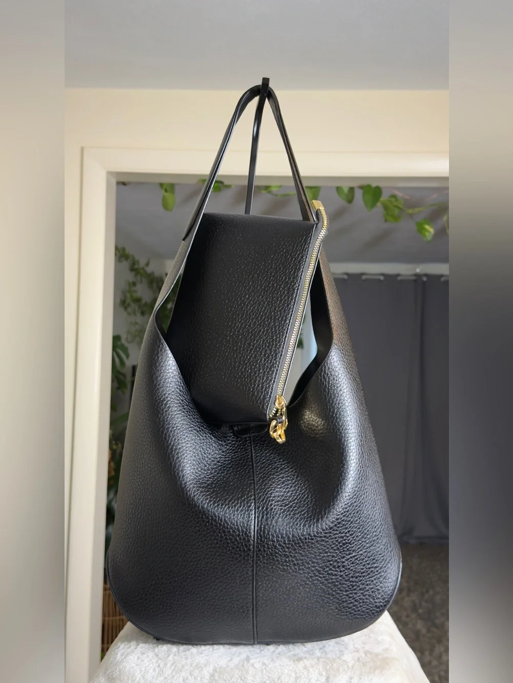 Black Pebbled Leather Slouchy Hobo Bag Minimalist Tulip Tote Pouch